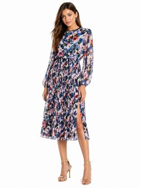 NWT $390 MISA Los Angeles Juliana Pleated Midi Dress Floral Long Sleeve Slit S